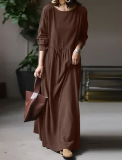 Hot Women's Linen-Cotton Blend Maxi Dress Long Sleeve Loose Fit Patchwork Crew Neck Casual Women Dresses
