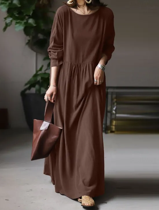 Hot Women's Linen-Cotton Blend Maxi Dress Long Sleeve Loose Fit Patchwork Crew Neck Casual Women Dresses