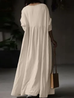 Hot Women's Linen-Cotton Blend Maxi Dress Long Sleeve Loose Fit Patchwork Crew Neck Casual Women Dresses