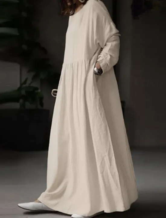 Hot Women's Linen-Cotton Blend Maxi Dress Long Sleeve Loose Fit Patchwork Crew Neck Casual Women Dresses