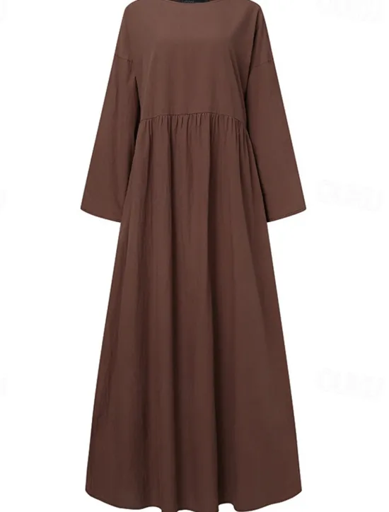 Hot Women's Linen-Cotton Blend Maxi Dress Long Sleeve Loose Fit Patchwork Crew Neck Casual Women Dresses