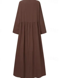 Hot Women's Linen-Cotton Blend Maxi Dress Long Sleeve Loose Fit Patchwork Crew Neck Casual Women Dresses