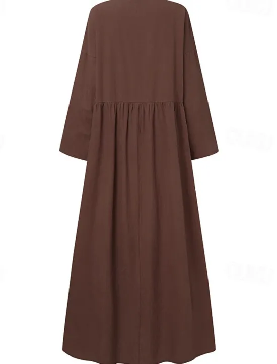Hot Women's Linen-Cotton Blend Maxi Dress Long Sleeve Loose Fit Patchwork Crew Neck Casual Women Dresses