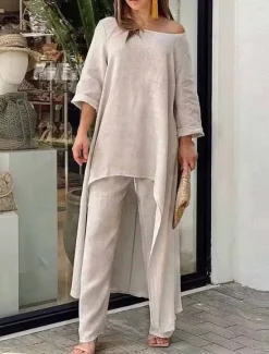 New Women's Linen-Inspired Sets Two Piece Sets Pure Color Fashion Simple Casual Street Date Airport Breathable Crew Neck Long Sleeve Pant Summer Spring Home Outfits Women Sets