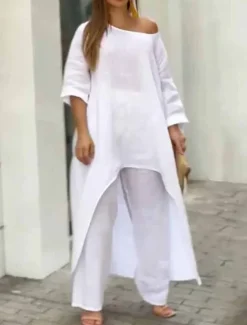 New Women's Linen-Inspired Sets Two Piece Sets Pure Color Fashion Simple Casual Street Date Airport Breathable Crew Neck Long Sleeve Pant Summer Spring Home Outfits Women Sets