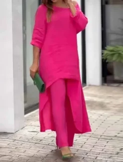 New Women's Linen-Inspired Sets Two Piece Sets Pure Color Fashion Simple Casual Street Date Airport Breathable Crew Neck Long Sleeve Pant Summer Spring Home Outfits Women Sets