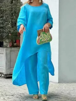New Women's Linen-Inspired Sets Two Piece Sets Pure Color Fashion Simple Casual Street Date Airport Breathable Crew Neck Long Sleeve Pant Summer Spring Home Outfits Women Sets