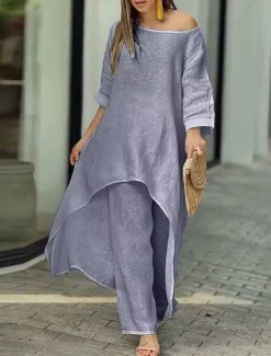 New Women's Linen-Inspired Sets Two Piece Sets Pure Color Fashion Simple Casual Street Date Airport Breathable Crew Neck Long Sleeve Pant Summer Spring Home Outfits Women Sets