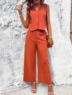 Hot Women's Linen-Inspired Sets Vest Layered V-Neck Top Buttoned Crop Shirt High-Waisted Wide-Leg Pants Rust Orange Linen Textured Lightweight Spring Summer Casual Event Elegant Women Shirts