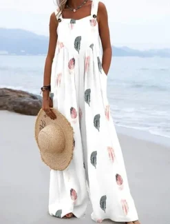 Sale Women's Linen-Inspired Sets Active Floral Sleeveless Wide Leg Vacation Home Loose Fit Black White Yellow Summer Women Jumpsuits|Graphic Jumpsuit