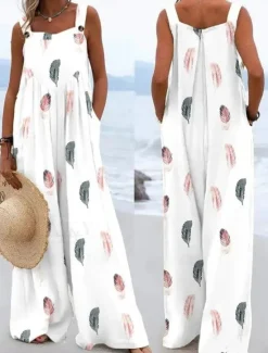 Sale Women's Linen-Inspired Sets Active Floral Sleeveless Wide Leg Vacation Home Loose Fit Black White Yellow Summer Women Jumpsuits|Graphic Jumpsuit