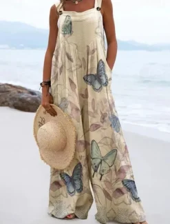 Sale Women's Linen-Inspired Sets Active Floral Sleeveless Wide Leg Vacation Home Loose Fit Black White Yellow Summer Women Jumpsuits|Graphic Jumpsuit