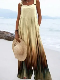 Sale Women's Linen-Inspired Sets Active Floral Sleeveless Wide Leg Vacation Home Loose Fit Black White Yellow Summer Women Jumpsuits|Graphic Jumpsuit