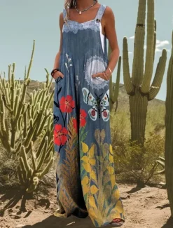 Sale Women's Linen-Inspired Sets Active Floral Sleeveless Wide Leg Vacation Home Loose Fit Black White Yellow Summer Women Jumpsuits|Graphic Jumpsuit