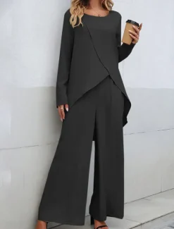Clearance Women's Linen-Inspired Sets Two Piece Sets T Shirt Wide Leg Pants Long Sleeve Solid Color Black Blue Khaki Spring Regular Fit Women Two Piece Sets|Sets