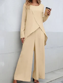 Clearance Women's Linen-Inspired Sets Two Piece Sets T Shirt Wide Leg Pants Long Sleeve Solid Color Black Blue Khaki Spring Regular Fit Women Two Piece Sets|Sets