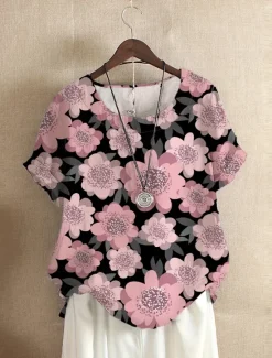 Outlet Women's Linen-Inspired Shirts T Shirt Flower Daily Casual Short Sleeve Crew Neck Daily All Seasons Women Shirts