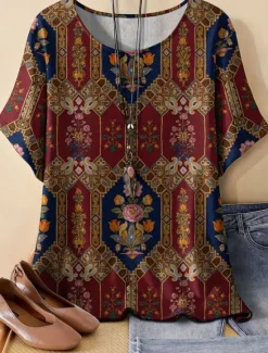 New Women's Linen-Inspi Shirts T Shirt Summer Tops Graphic Geometric Vintage Fashion Casual Short Sleeve Round Neck Regular Tops Daily Weekend Patchwork Print Summer Spring Women Shirts