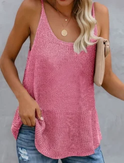 New Women's Linen-Inspired Shirts Tank Top Camisole Color Block Vacation Basic Sleeveless U Neck Regular Tops Valentine's Day Causal Holiday White Pink Blue Khaki Gray Summer Women Shirts