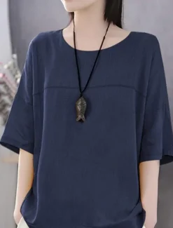 Discount Women's Linen-Inspired Shirts T Shirt Plain Basic Short Sleeve Round Neck Regular Tops Daily Weekend White Blue Orange Green Women Shirts