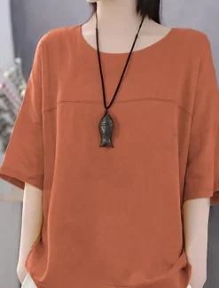 Discount Women's Linen-Inspired Shirts T Shirt Plain Basic Short Sleeve Round Neck Regular Tops Daily Weekend White Blue Orange Green Women Shirts