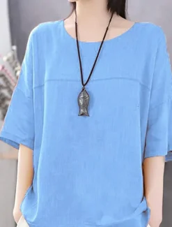 Discount Women's Linen-Inspired Shirts T Shirt Plain Basic Short Sleeve Round Neck Regular Tops Daily Weekend White Blue Orange Green Women Shirts