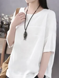 Discount Women's Linen-Inspired Shirts T Shirt Plain Basic Short Sleeve Round Neck Regular Tops Daily Weekend White Blue Orange Green Women Shirts