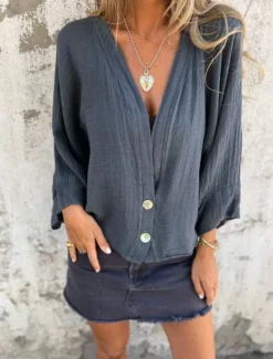Discount Women's Linen-Inspired Shirts Button Up T Shirt Plain Fashion Modern Casual Long Sleeve V Neck Regular Tops Daily Weekend Patchwork Buttons Sage Green Yellow off-white Gray Spring Fall Women Shirts