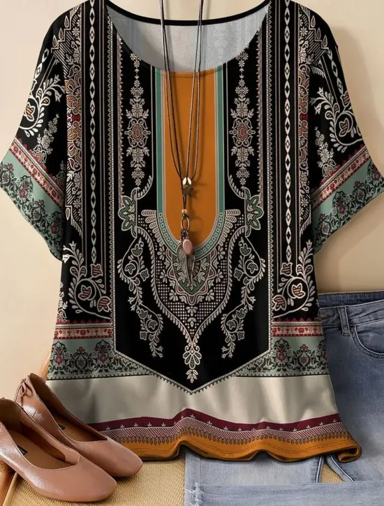 Women's Linen-Inspired Shirts T Shirt Summer Tops Graphic Geometric Vintage Ethnic Casual Short Sleeve Round Neck Regular Tops Daily Going out Weekend Patchwork Print Summer Spring Women Shirts