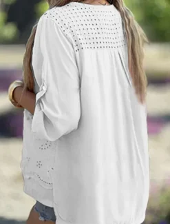 Hot Women's Linen-Inspired Shirts Eyelet top Cotton Blouse Dressy Tops Elegant Stylish Modern Long Sleeve V Neck Regular Tops Work Daily Holiday Patchwork Hollow Out Summer Spring Fall Winter Women Shirts