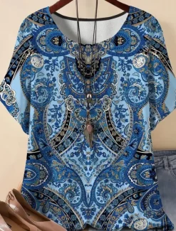 Women's Linen-Inspired Shirts T Shirt Summer Tops Graphic Geometric Vintage Fashion Casual Short Sleeve Round Neck Regular Tops Daily Weekend Patchwork Print Summer Spring Women Shirts