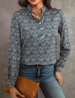 Clearance Women's Linen-Inspired Shirts Dressy Tops Stylish Retro Vintage Long Sleeve Bishop Sleeve Notched Neck Regular Tops Daily Summer Spring Fall Women Shirts