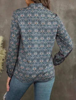 Clearance Women's Linen-Inspired Shirts Dressy Tops Stylish Retro Vintage Long Sleeve Bishop Sleeve Notched Neck Regular Tops Daily Summer Spring Fall Women Shirts
