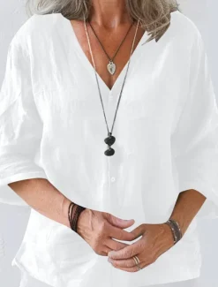 Women's Linen-Inspired Shirts Summer Tops Shrugs Solid Color Daily Casual 3/4 Length Sleeve V Neck Regular Tops Black White Pink Brown Apricot Summer Spring Fall Women Shirts