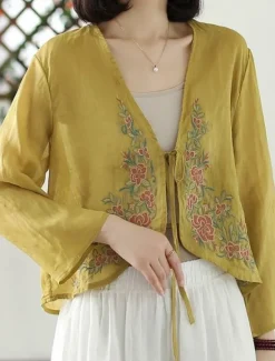 Discount Women's Linen-Inspired Shirts Plain Casual Long Sleeve V Neck Vacation Street Daily Wear Embroidered Yellow Purple Orange Green Summer Spring Women Jackets|Shirts