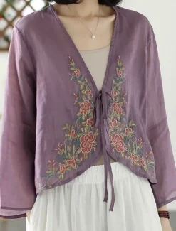 Discount Women's Linen-Inspired Shirts Plain Casual Long Sleeve V Neck Vacation Street Daily Wear Embroidered Yellow Purple Orange Green Summer Spring Women Jackets|Shirts