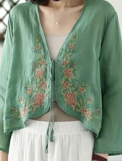 Discount Women's Linen-Inspired Shirts Plain Casual Long Sleeve V Neck Vacation Street Daily Wear Embroidered Yellow Purple Orange Green Summer Spring Women Jackets|Shirts
