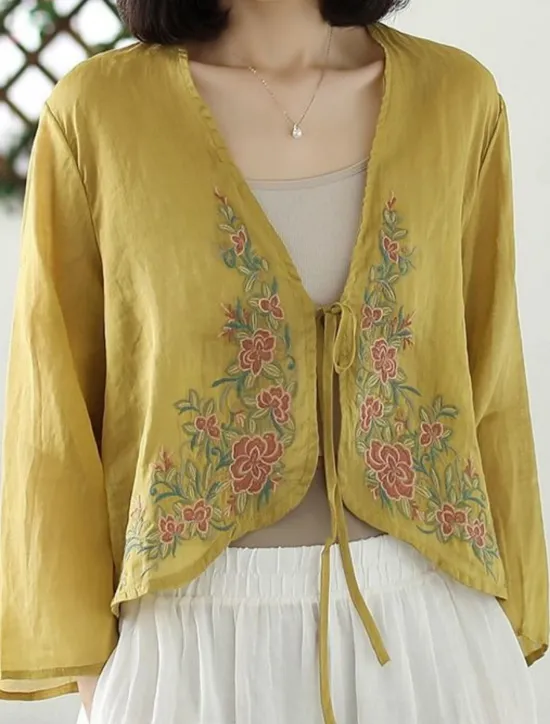 Discount Women's Linen-Inspired Shirts Plain Casual Long Sleeve V Neck Vacation Street Daily Wear Embroidered Yellow Purple Orange Green Summer Spring Women Jackets|Shirts