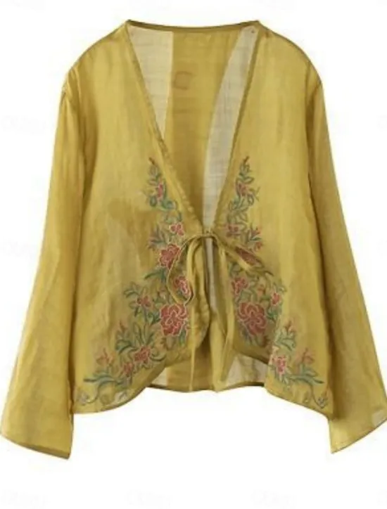 Discount Women's Linen-Inspired Shirts Plain Casual Long Sleeve V Neck Vacation Street Daily Wear Embroidered Yellow Purple Orange Green Summer Spring Women Jackets|Shirts
