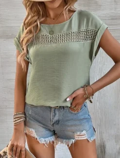 Outlet Women's Linen-Inspired Shirts Lace T-shirt Plain Fashion Short Sleeve Crew Neck Regular Tops Vacation Daily Lace Black Blue Brown Green Khaki Summer Women Shirts