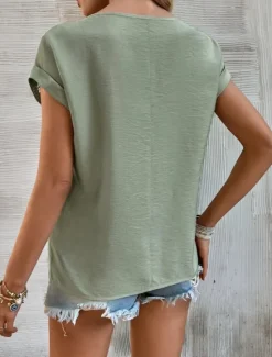 Outlet Women's Linen-Inspired Shirts Lace T-shirt Plain Fashion Short Sleeve Crew Neck Regular Tops Vacation Daily Lace Black Blue Brown Green Khaki Summer Women Shirts
