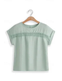 Outlet Women's Linen-Inspired Shirts Lace T-shirt Plain Fashion Short Sleeve Crew Neck Regular Tops Vacation Daily Lace Black Blue Brown Green Khaki Summer Women Shirts