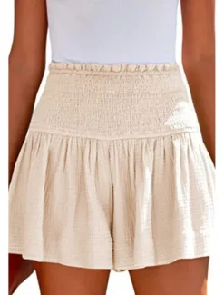 Online Women's Linen-Inspired Shorts Shorts Slacks Streetwear Casual Short Natural Plain Elastic Waist Comfy Outdoor Comfortable Street Daily Wear Almond Grey Black Pink Summer Regular Fit Women Pants