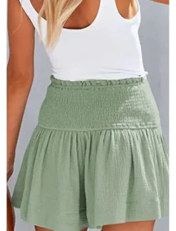 Online Women's Linen-Inspired Shorts Shorts Slacks Streetwear Casual Short Natural Plain Elastic Waist Comfy Outdoor Comfortable Street Daily Wear Almond Grey Black Pink Summer Regular Fit Women Pants
