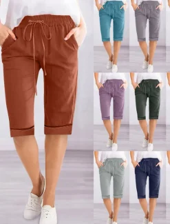 Women's Linen-Inspired Shorts Shorts Slacks Active Simple Casual Knee Length High Waist Plain Pocket Drawstring Elastic Waist Breathability Soft Comfortable Micro-elastic Vacation Casual Daily Weekend Women Pants