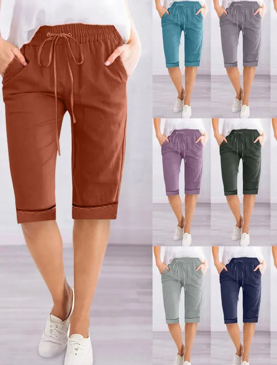 Women's Linen-Inspired Shorts Shorts Slacks Active Simple Casual Knee Length High Waist Plain Pocket Drawstring Elastic Waist Breathability Soft Comfortable Micro-elastic Vacation Casual Daily Weekend Women Pants