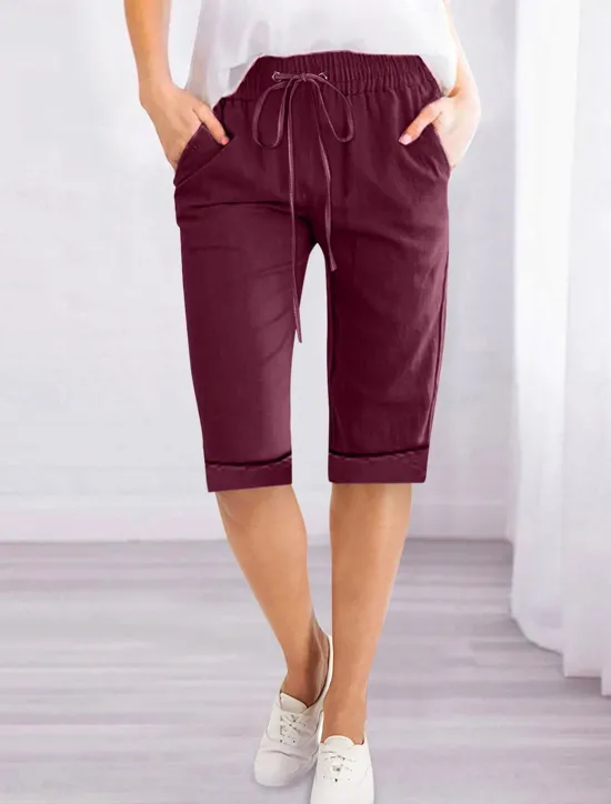 Women's Linen-Inspired Shorts Shorts Slacks Active Simple Casual Knee Length High Waist Plain Pocket Drawstring Elastic Waist Breathability Soft Comfortable Micro-elastic Vacation Casual Daily Weekend Women Pants
