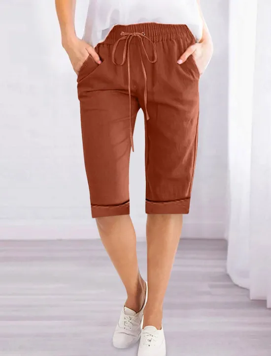 Women's Linen-Inspired Shorts Shorts Slacks Active Simple Casual Knee Length High Waist Plain Pocket Drawstring Elastic Waist Breathability Soft Comfortable Micro-elastic Vacation Casual Daily Weekend Women Pants