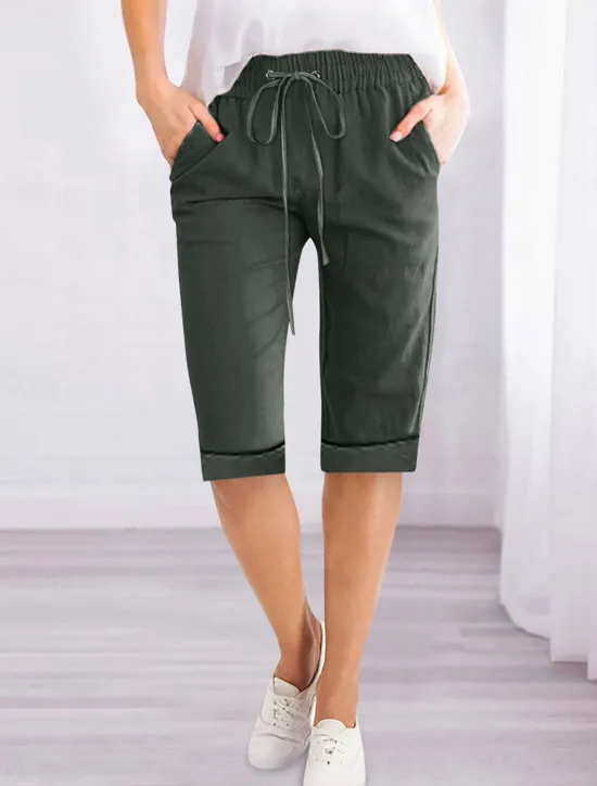 Women's Linen-Inspired Shorts Shorts Slacks Active Simple Casual Knee Length High Waist Plain Pocket Drawstring Elastic Waist Breathability Soft Comfortable Micro-elastic Vacation Casual Daily Weekend Women Pants