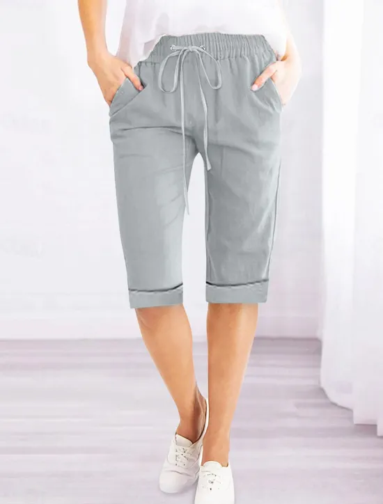 Women's Linen-Inspired Shorts Shorts Slacks Active Simple Casual Knee Length High Waist Plain Pocket Drawstring Elastic Waist Breathability Soft Comfortable Micro-elastic Vacation Casual Daily Weekend Women Pants